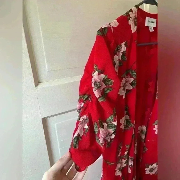 floral red sundress wrap around with puffy sleeves size large - Picture 4 of 9